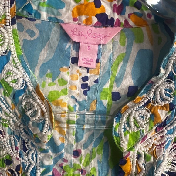 Lilly Pulitzer Blue and Yellow Graphic Embellished Tropical Print Blouse Small - Picture 9 of 9